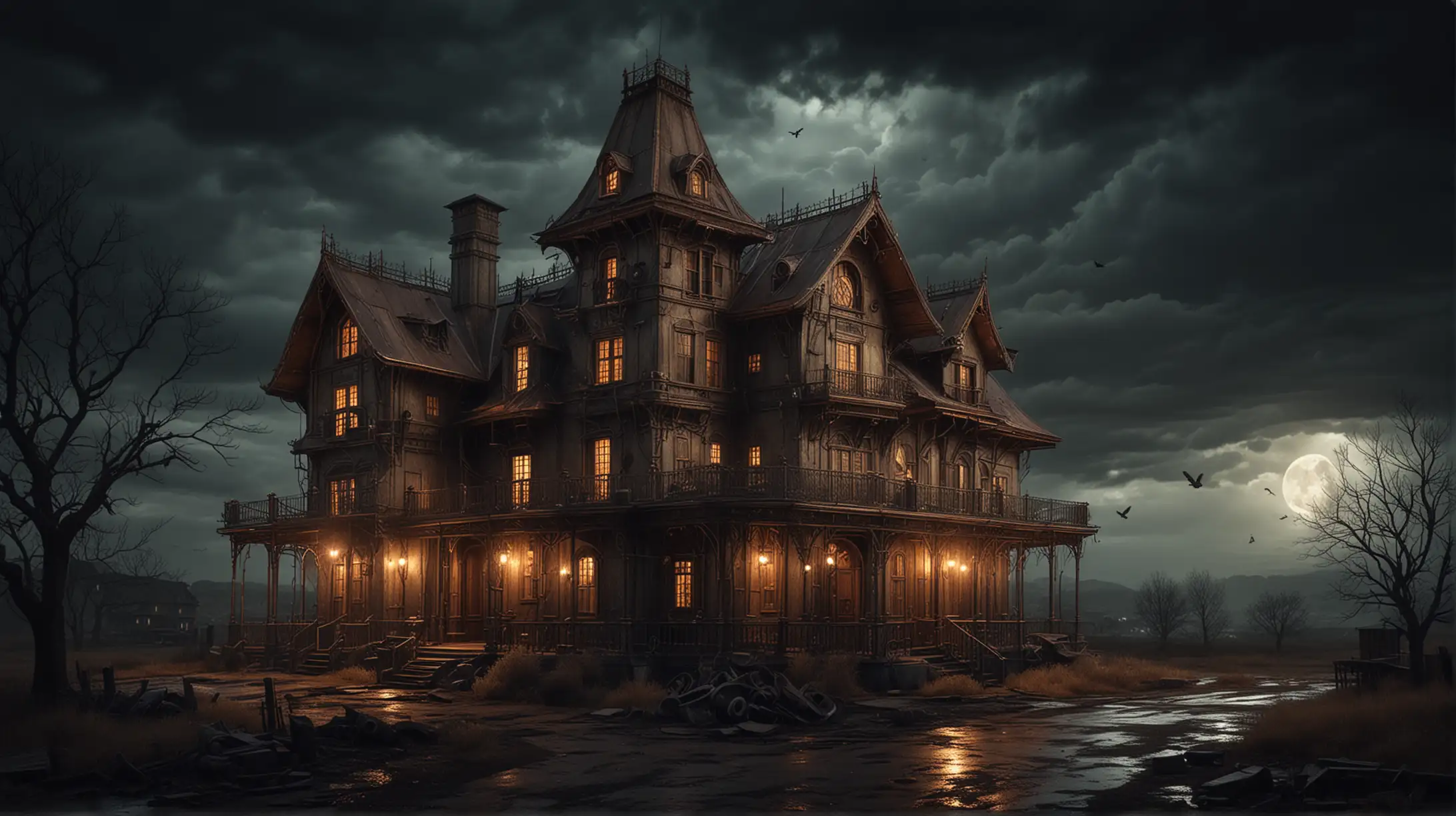 an old steampunk manor house in the wasteland, copper, wood,  dark night, all lights in the house are on,  stormy weather, bird's eye very distant view