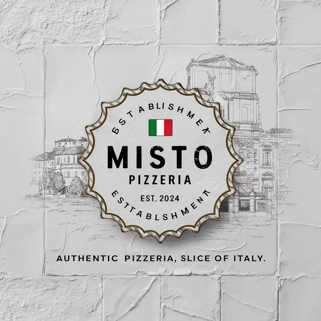 Misto Pizzeria, Minimalist, Emblem, Edge decoration, Italian colors , Textured White Background , EST 2024 , Italy flag , Vintage, Slogan, Slice of Italy, Authentic Pizzeria , Sketched Italian City,