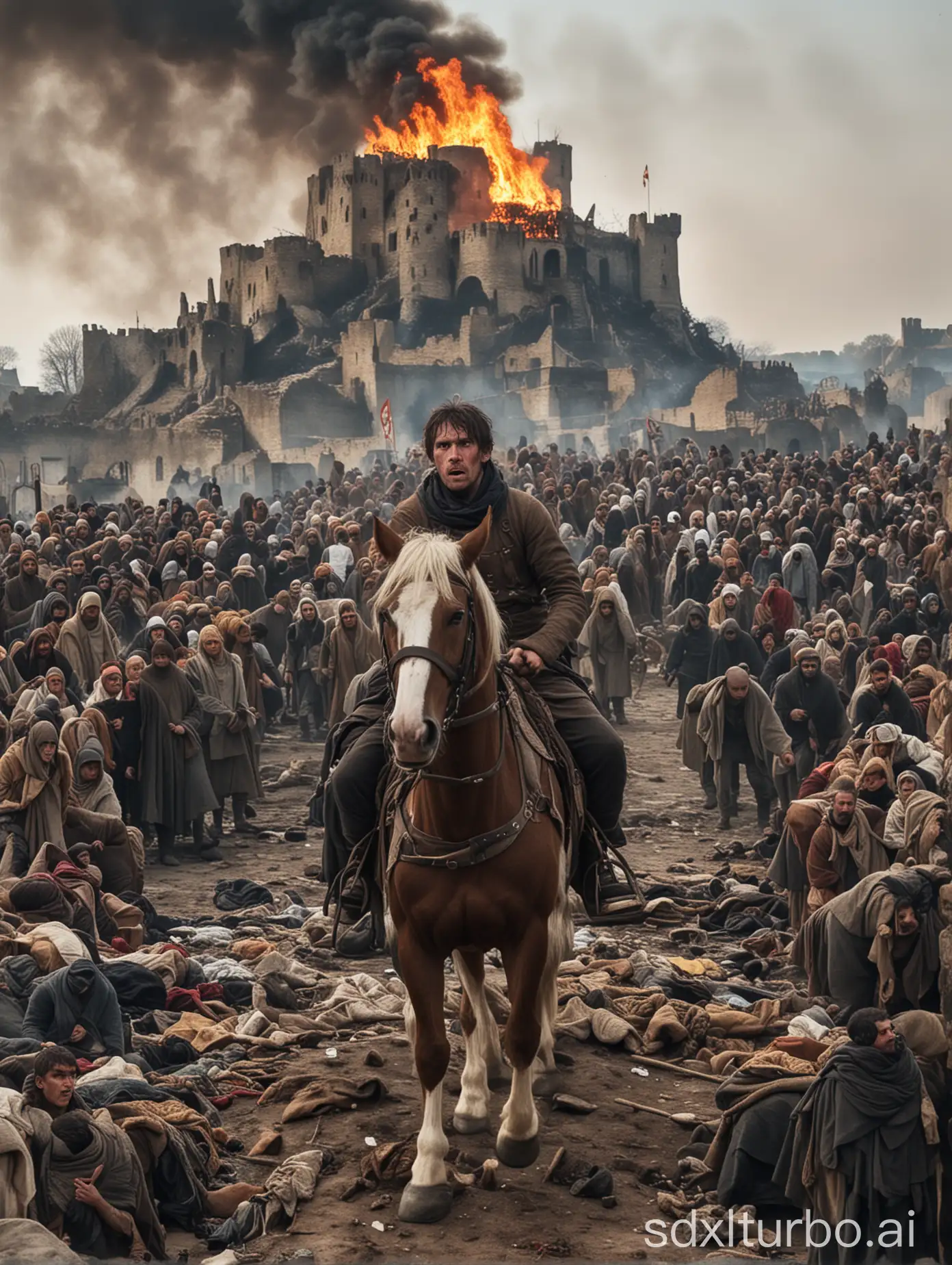 a man on a horse, face visible, many people in rags crawling behind, faces visible, a burning castle behind
