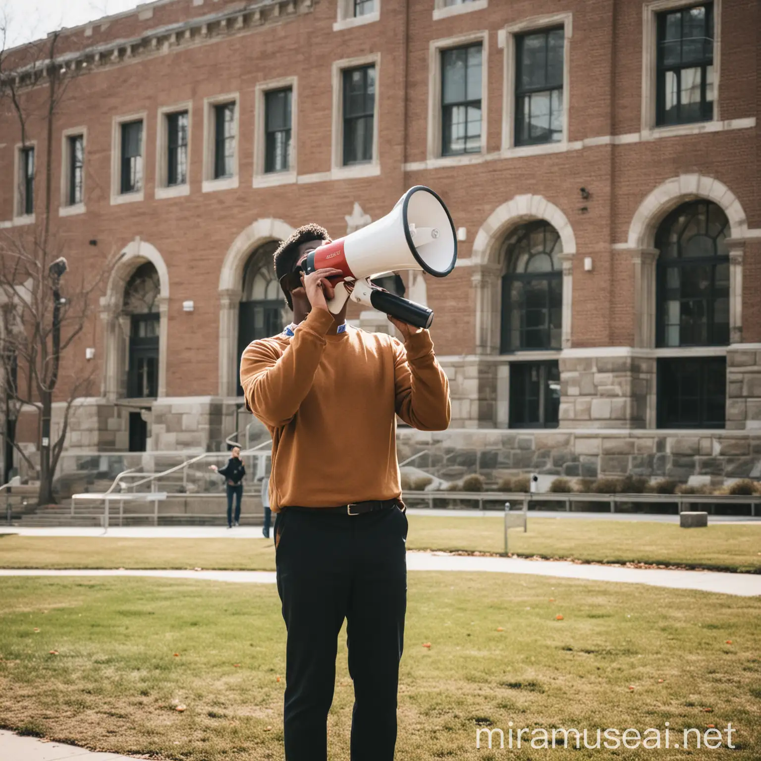 Person with megaphone on a college campus