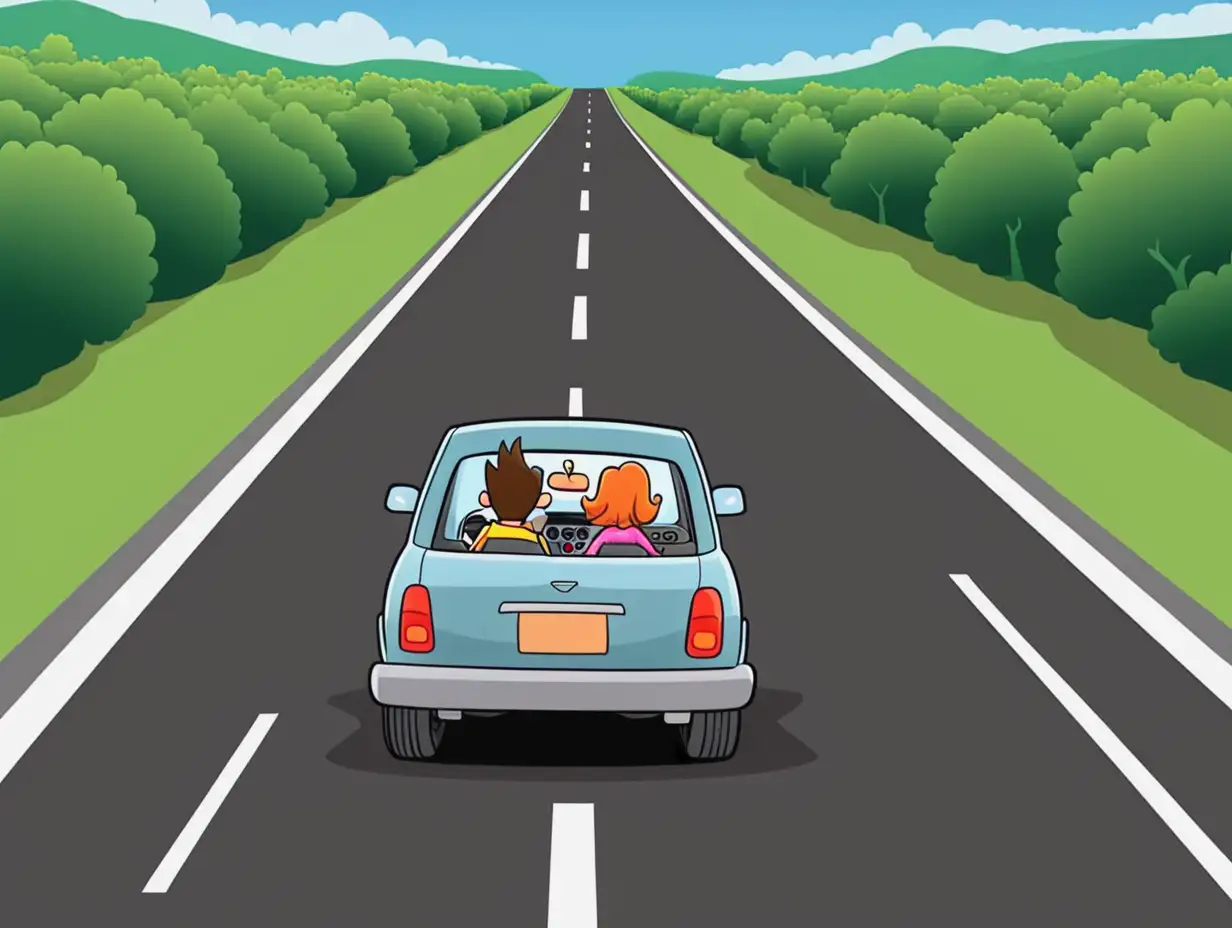 Cartoon Car Driving on Road with Scenic Background