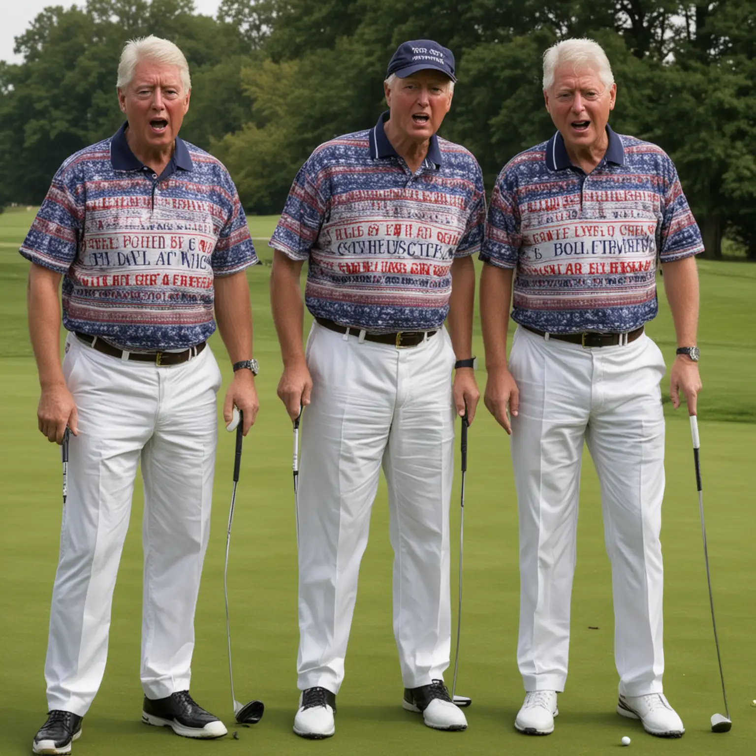 Donlad Trump, Bill Clinton and prince andrew identical twins playing golf with different shirts

