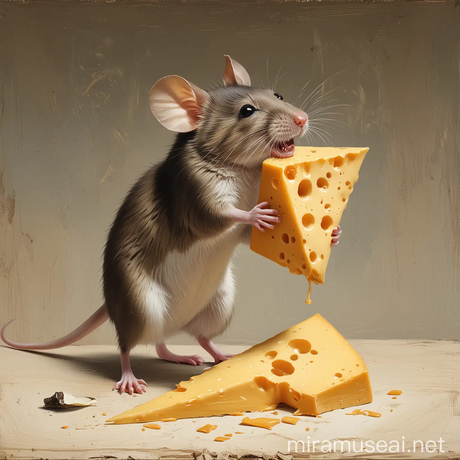 A painting of a mouse standing up and biting into a wedge of cheese