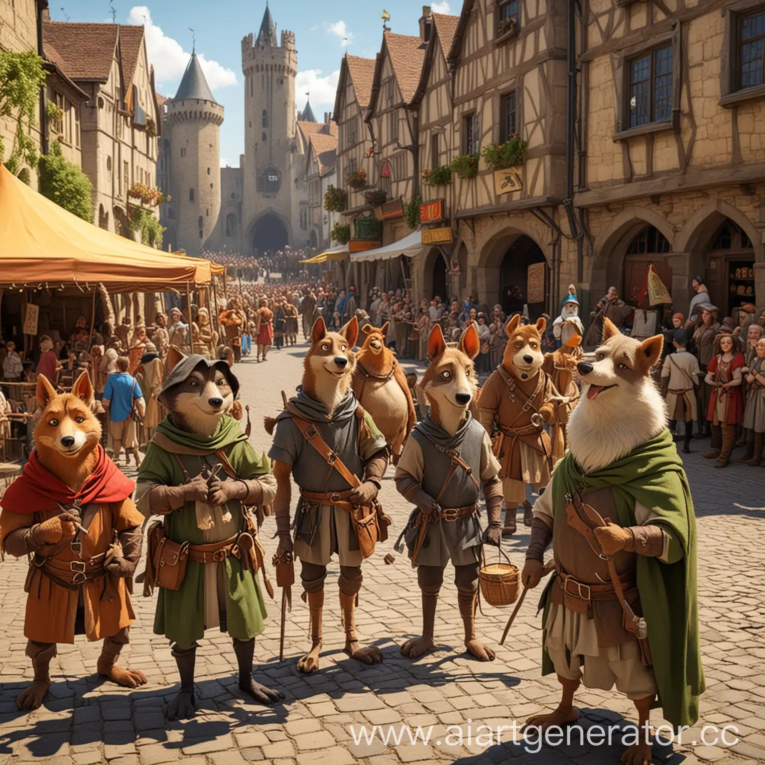 Животные из мультфильма робин гуд на большом фестивале в средневековом городе солнечно
