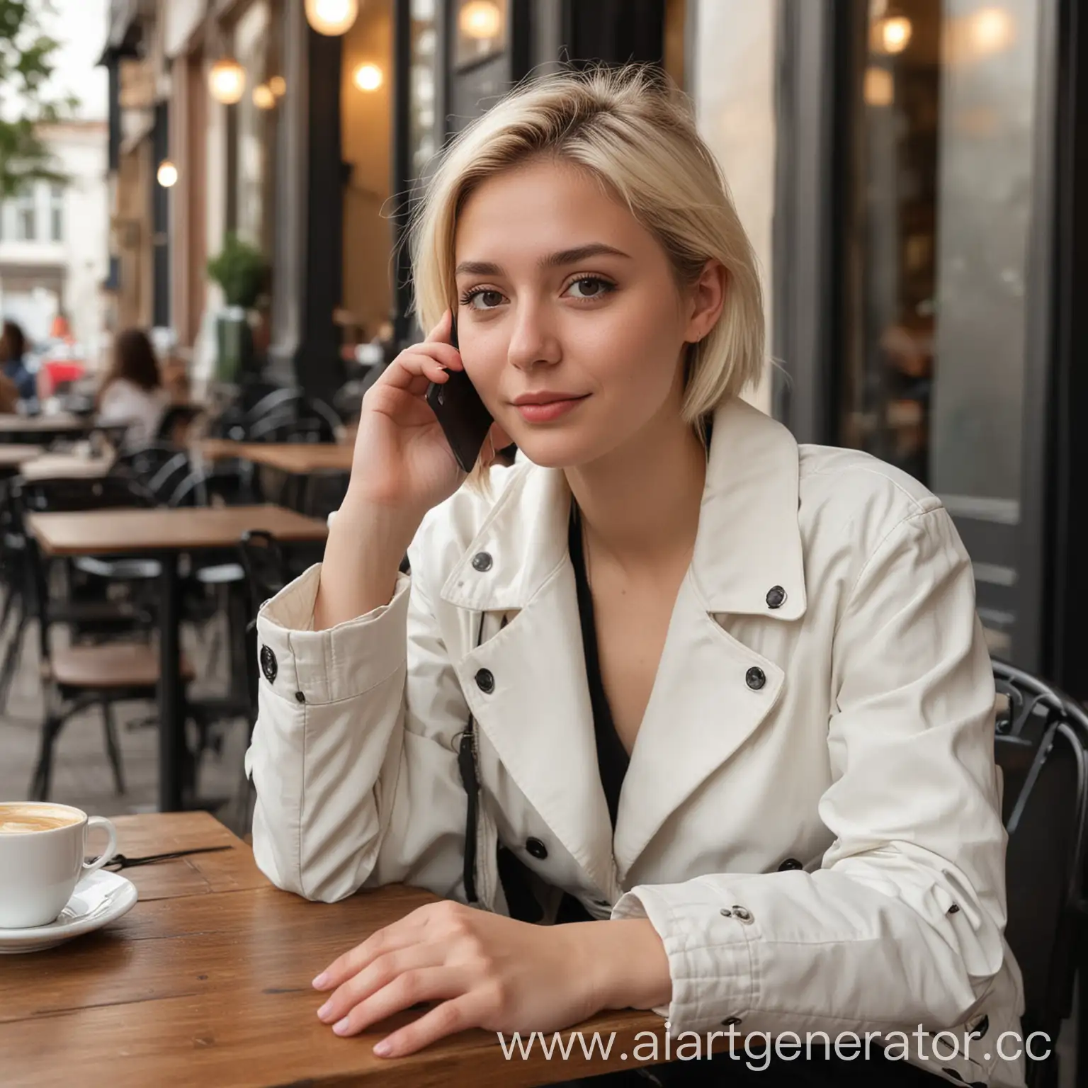 Реальная фотография. Девушка 25 лет, сидит в кафе и разговаривает по мобильному телефону. У девушки короткие светлые волосы, белый пиджак и длинное черное платье. 
