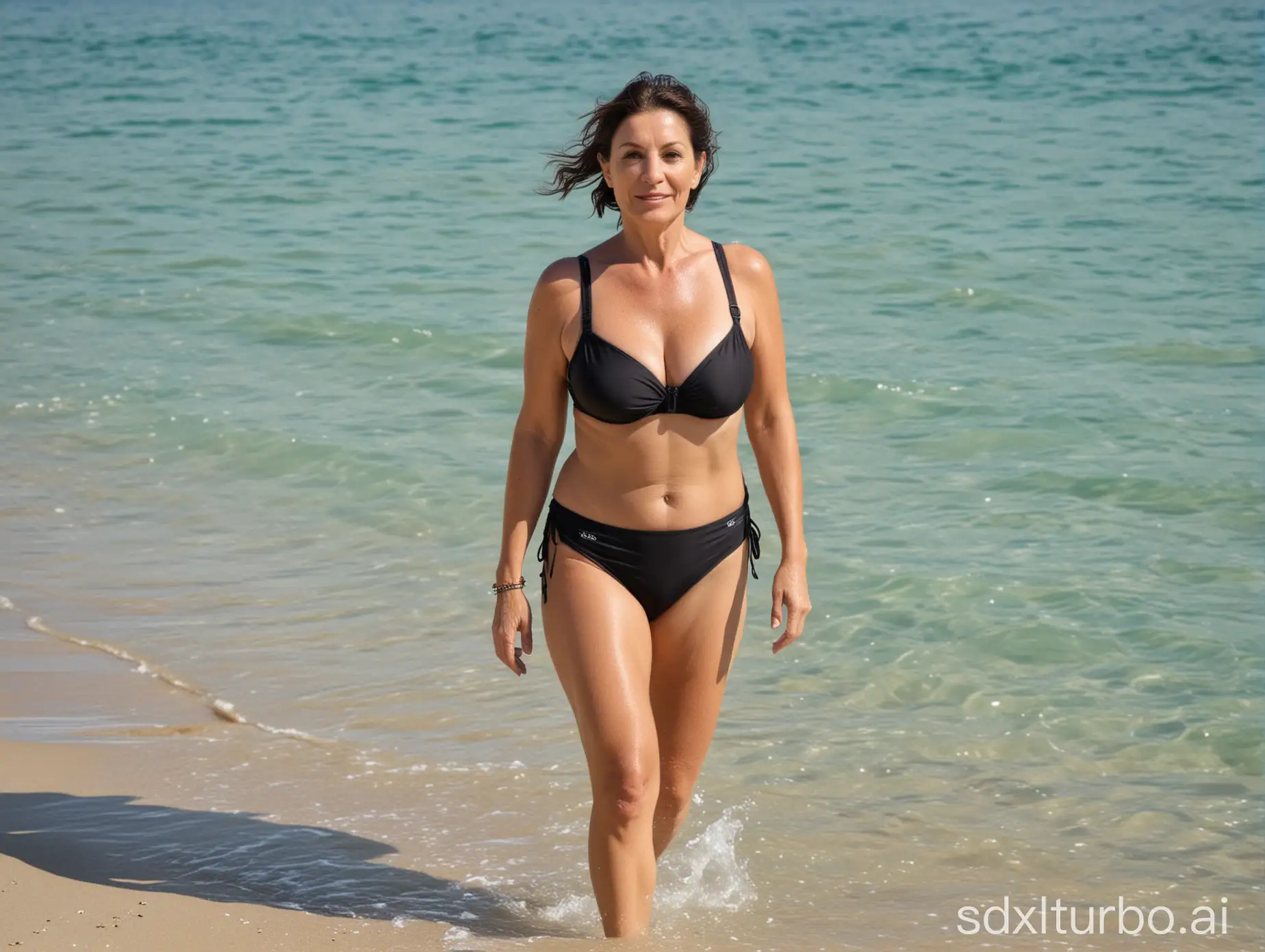 Italian-Mature-Woman-Age-55-Strolls-Along-Beach-in-Swimwear