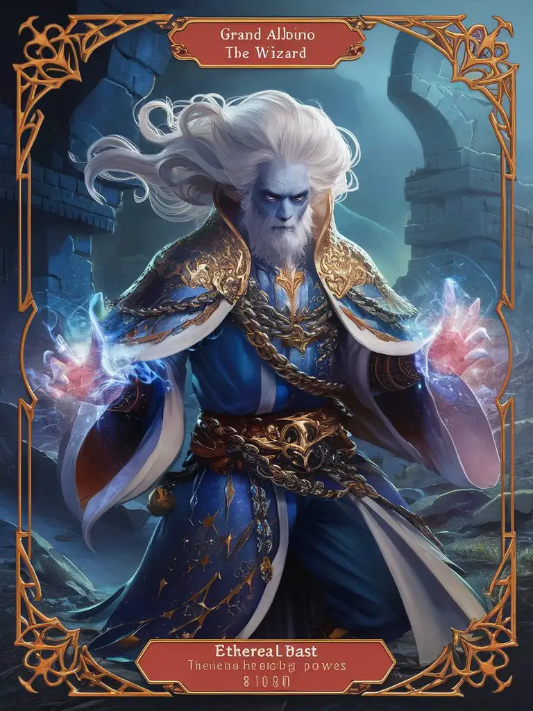  # Input:
Design an 8k card with the bold title: 'New Blood Collectables,' featuring "Grand Albino, the Wizard" Species "Sorcerer" Include a detailed 8k background and an intricate border with a glossy finish.Illustration: Design an 8k image featuring Grand Albino, the Wizard, set against a mystical, ancient backdrop. Grand Albino should be depicted with an aura of wisdom and power, adorned in flowing, tattered robes that shimmer with magical runes and arcane symbols. His skin should be a ghostly white, contrasting sharply with his dark, piercing eyes that seem to hold the secrets of the universe. His long, white hair flows around him, blending with the ethereal light of his magic.Stats:Strength: 5/10Speed: 4/10Intelligence: 10/1