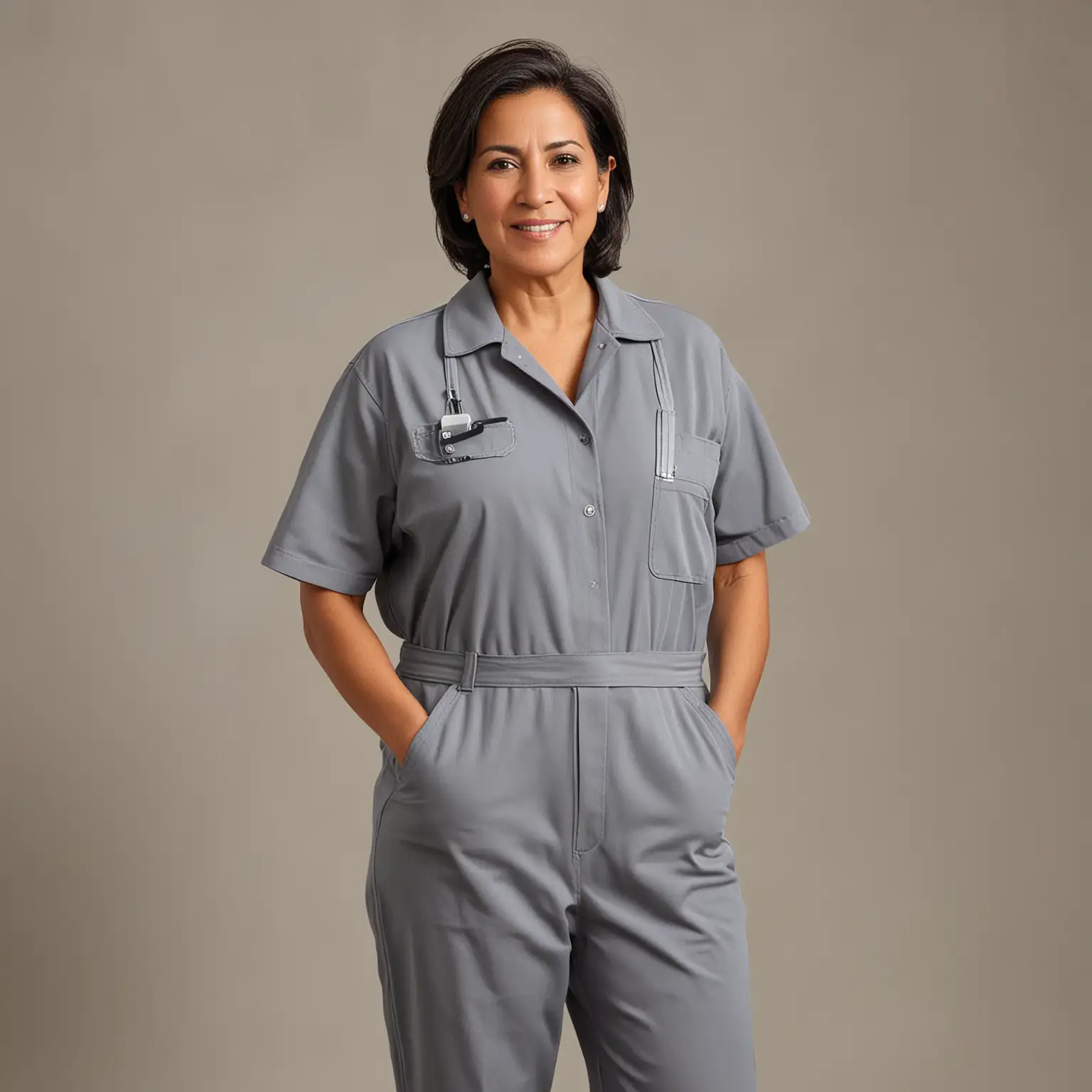 Hispanic Female Janitor in Grey Jumpsuit