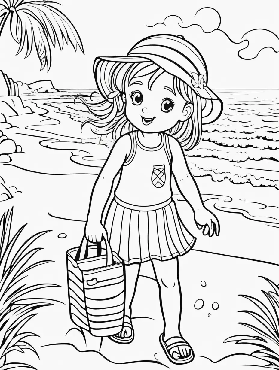 Childrens Coloring Book, black and white, cute BEACH, high contrast
