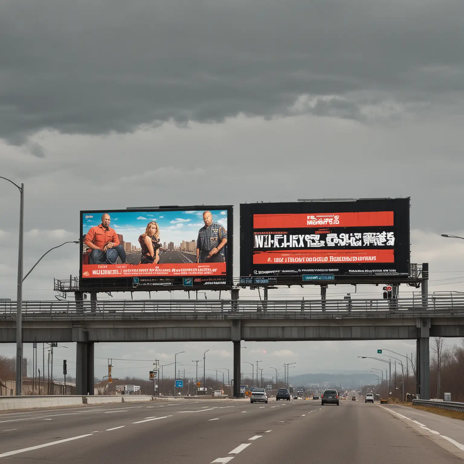 Two Billboards on Highway Overpass Advertising Urban Landscapes