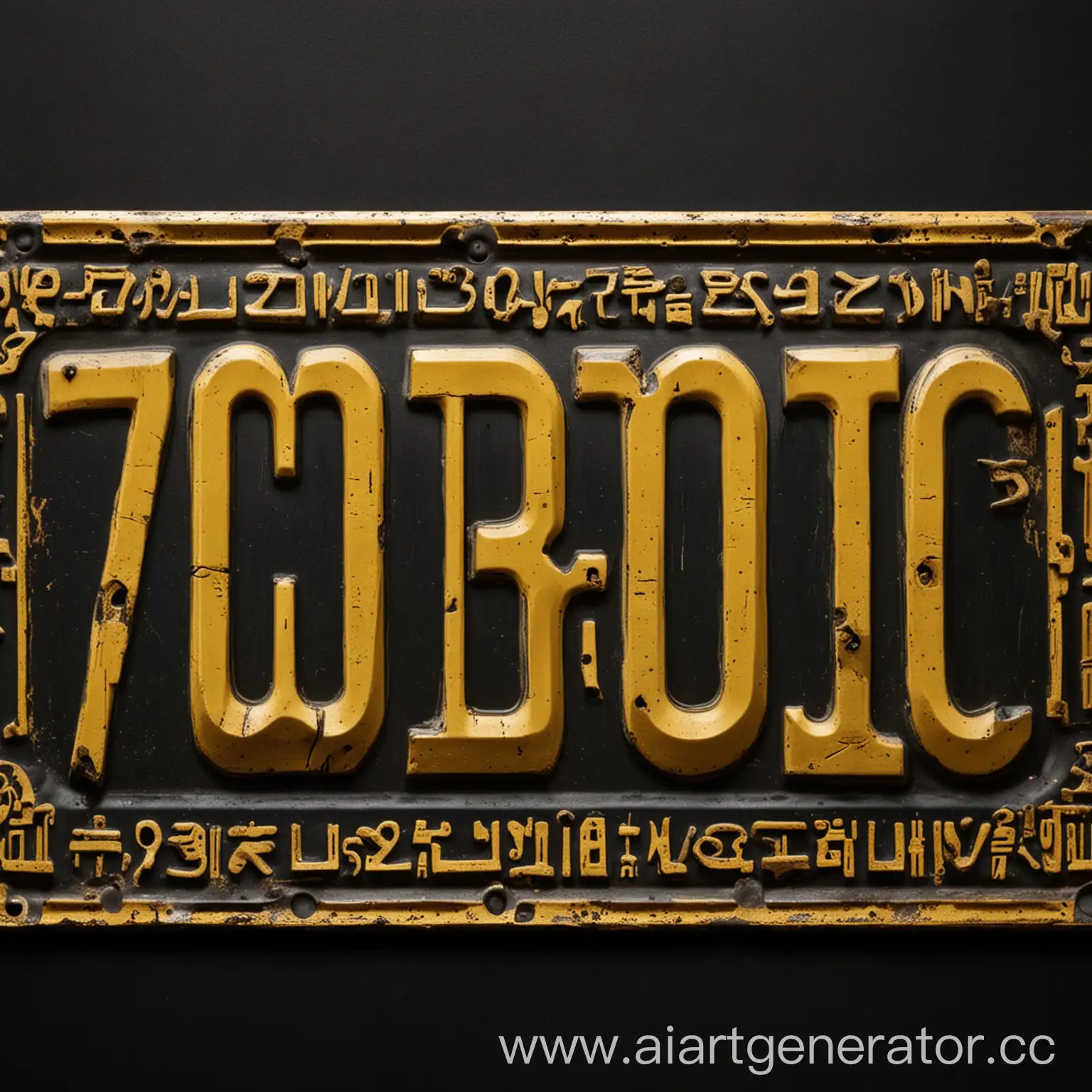 Vintage-Automobile-License-Plate-with-Yellow-Hieroglyphs-on-Black-Background