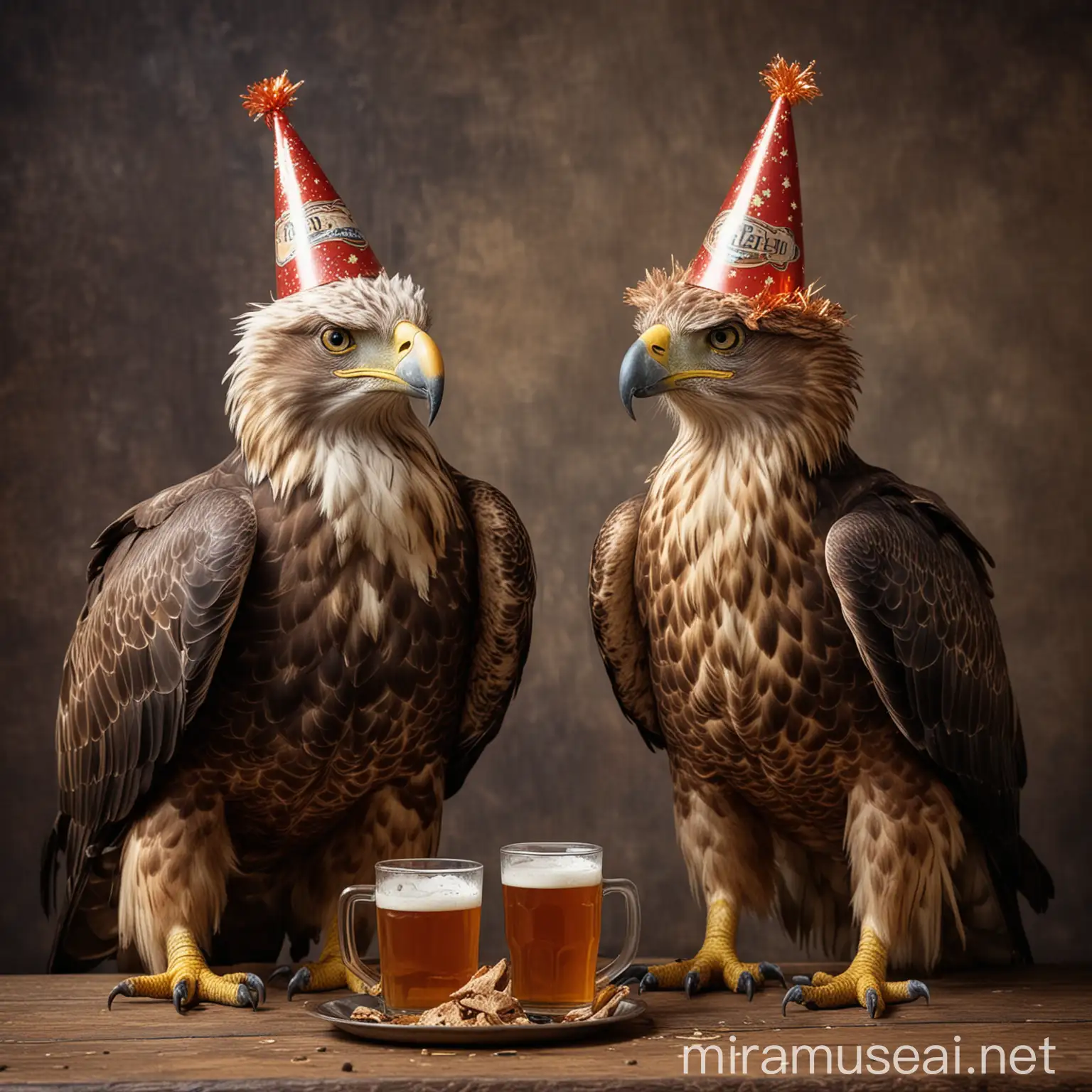 Birthday of the old eagle and mature hawk in festive party hats and with beer