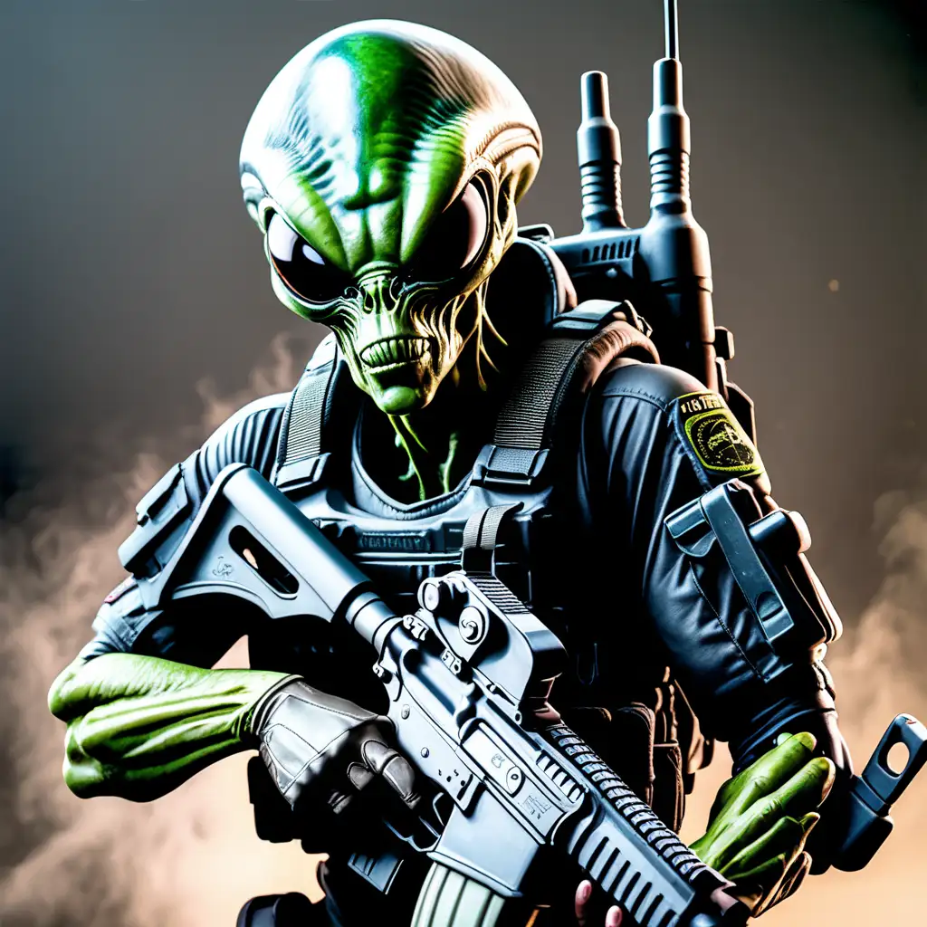 create an image of an alien in tactical hear looking at the camera with a stern look and holding an ar15
