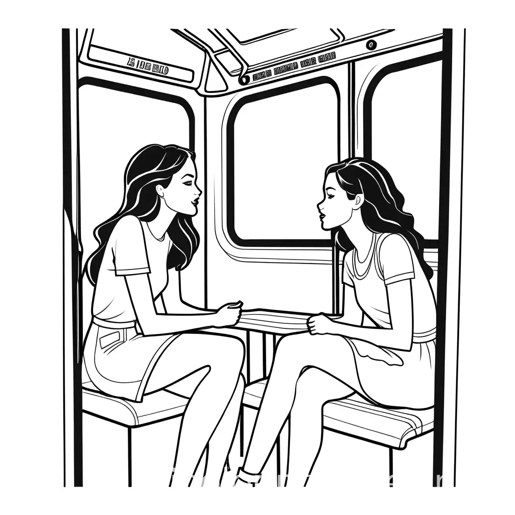 2 girl bestfriends sitting inside a bus gossipping, Coloring Page, black and white, line art, white background, Simplicity, Ample White Space. The background of the coloring page is plain white to make it easy for young children to color within the lines. The outlines of all the subjects are easy to distinguish, making it simple for kids to color without too much difficulty