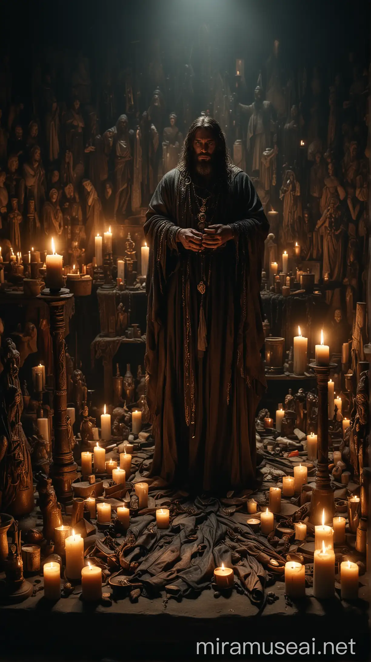A darkened room with a figure of a sorcerer, Barjesus, standing in the center, surrounded by dimly lit candles and mysterious artifacts. The figure is dressed in ancient robes, with a hint of menace in its expression.in ancient world 