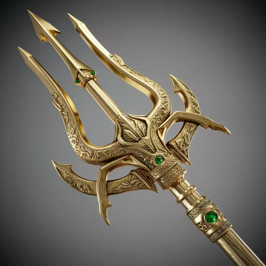 aquaman's trident. long luxury trident made of gold. thick. embedded with a few green jewels. product design. very intricately and microscopically detailed.