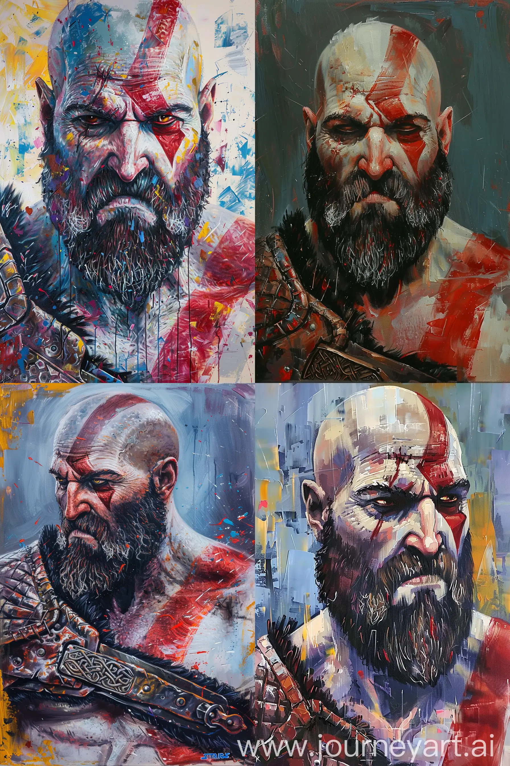 oil painting of kratos of god of war in star wars style with pastel color palette in high details with visible brush stroked --ar 4:6 --c 3