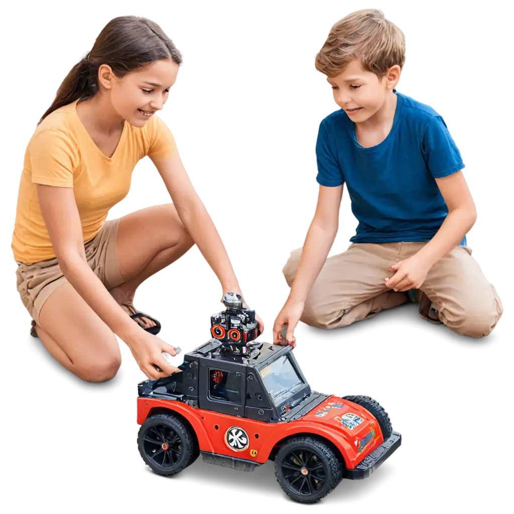 Vibrant-PNG-Image-Little-Boy-and-Girl-Engaged-in-Imaginative-Play-with-Broken-Toy-Car-and-Robot