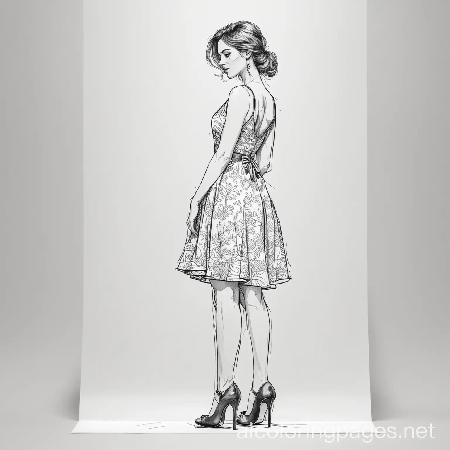 A beautiful woman wearing a dress and high heels standing on a corner , Coloring Page, black and white, line art, white background, Simplicity, Ample White Space.