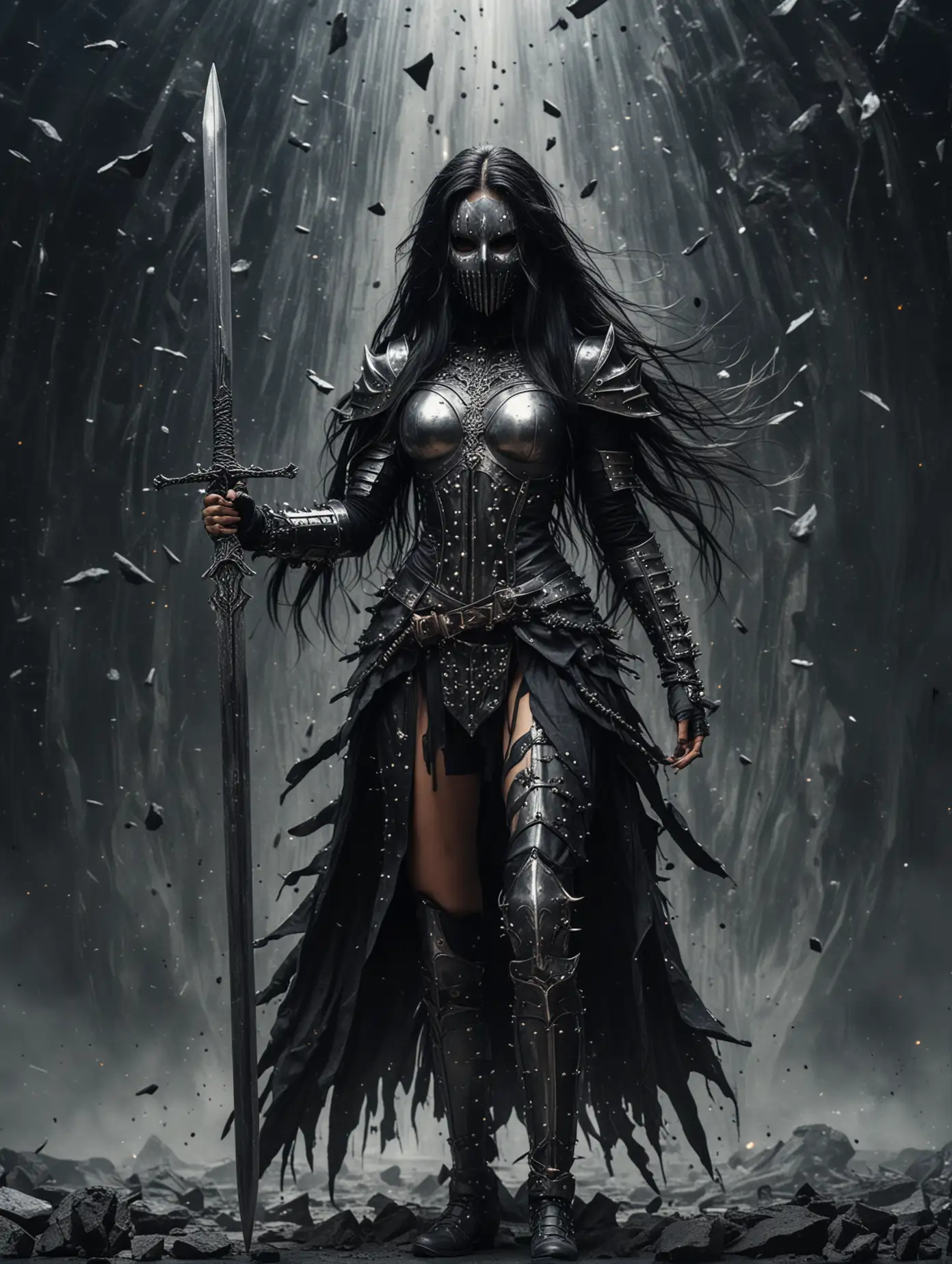 Intimidating-Female-Warrior-in-Silver-Armor-Wielding-a-Carved-Sword-Against-a-Dark-Void
