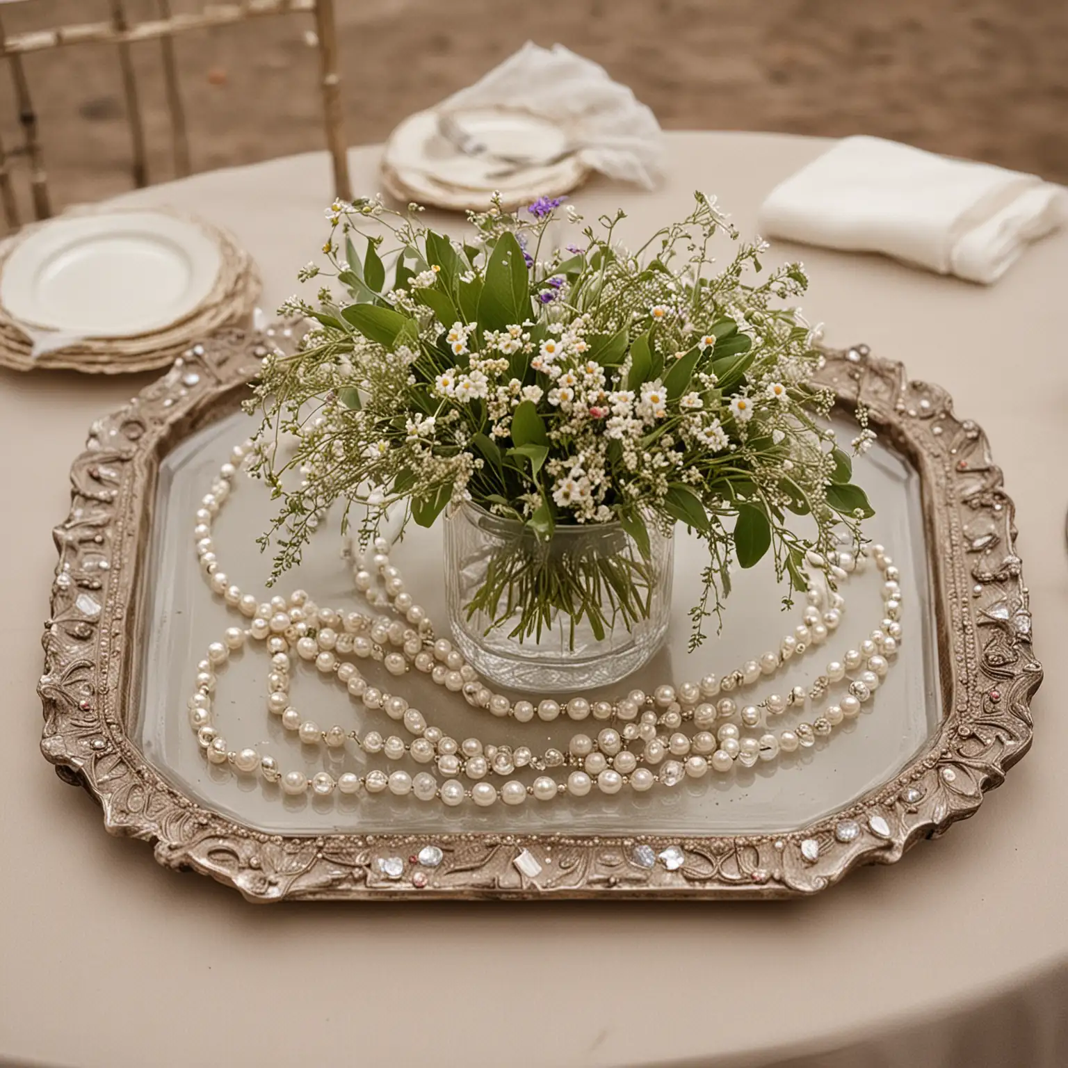 simple diy vintage wedding centerpiece with wildflowers laid on an antique crystal tray and a strand of pearls draped on it; show this from a side view as one would see it sitting at the table and keep the background neutral