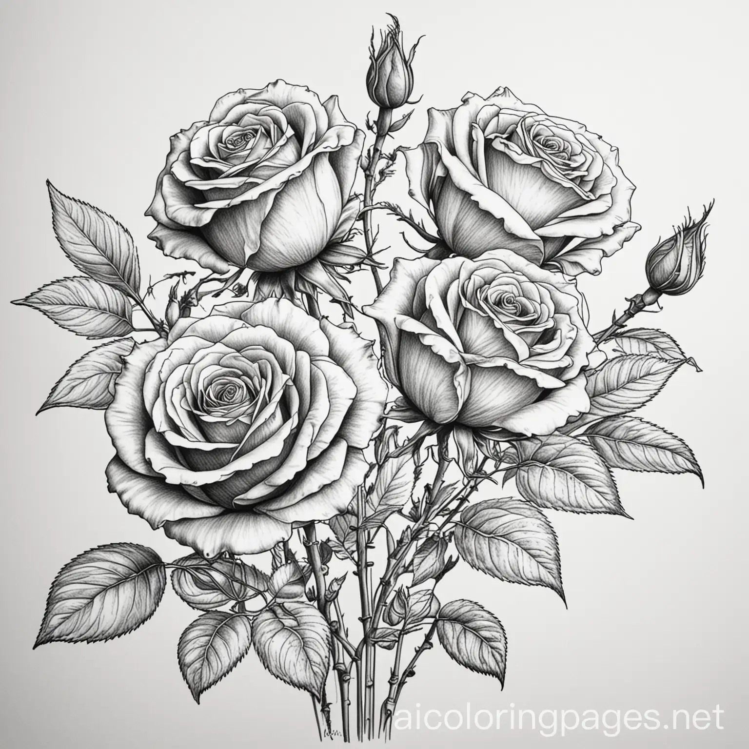 Roses, Coloring Page, black and white, line art, white background, Simplicity, Ample White Space