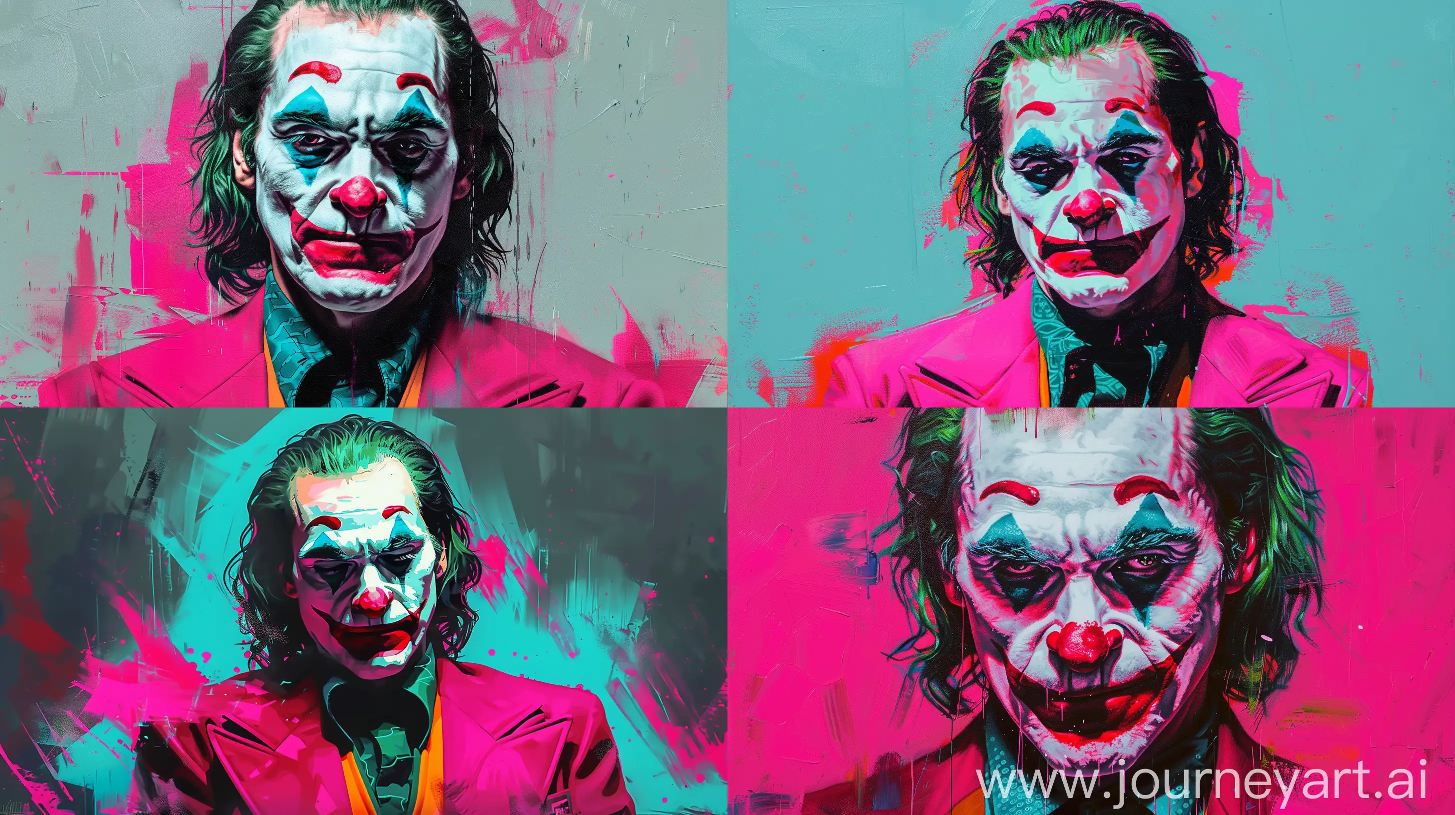 oil painting of Joaquin Phoenix as joker in star wars style with a color palette of bright pink and cyan. There are also touches of bright skin tone --ar 16:9 --c 5