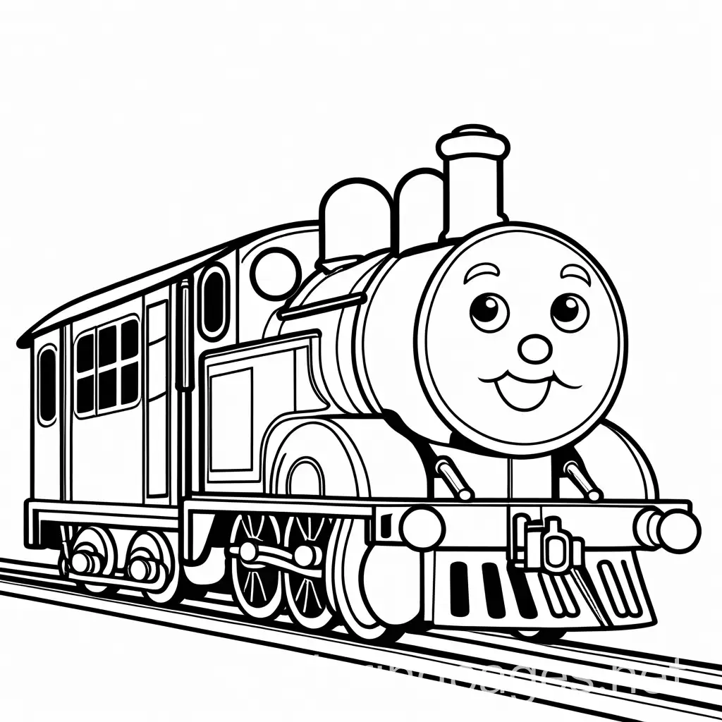 Create a friendly and chubby train character with a smiling face , outline art, colouring page outline page with white, white background, sketch style, full body, only use outline, cartoon style, clean and clear and with beautiful eyes. Ensure is design minimalistic for easy colouring. The goal is to make it appealing and approachable for children aged 2-4 in the middle of their artistic journey, make it black and white., Coloring Page, black and white, line art, white background, Simplicity, Ample White Space. The background of the coloring page is plain white to make it easy for young children to color within the lines. The outlines of all the subjects are easy to distinguish, making it simple for kids to color without too much difficulty