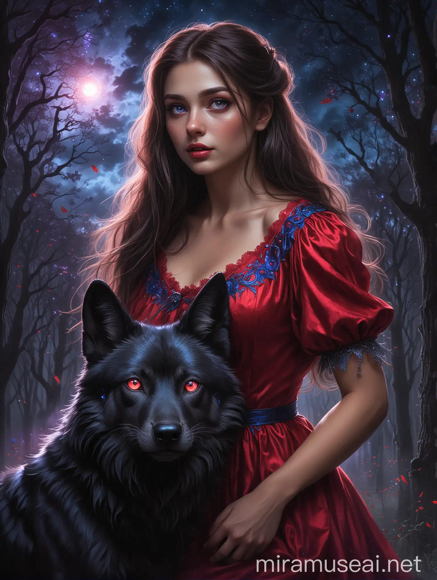 A beautiful lady in a red and blue dress, looking up to the sky with her glowing red and blue eyes, with a black wolf hiding in the dark with glowing purple eyes