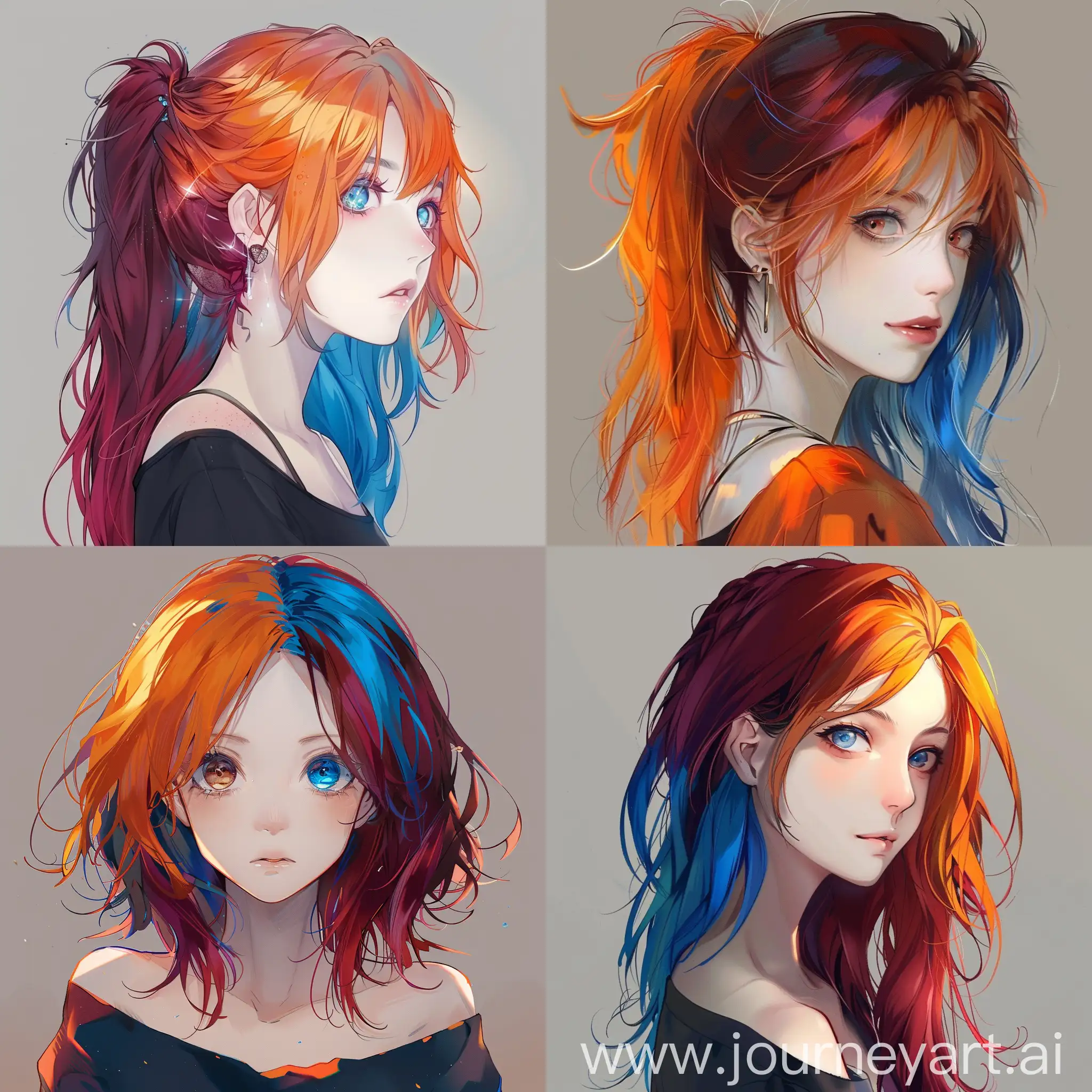 аниме девочка с волосами оранжевого и голубого и бордового цвета