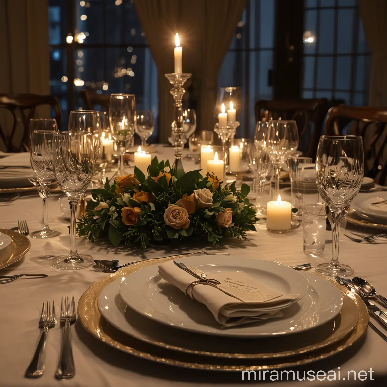 Fancy Dinner table, close up, at night, dim light

