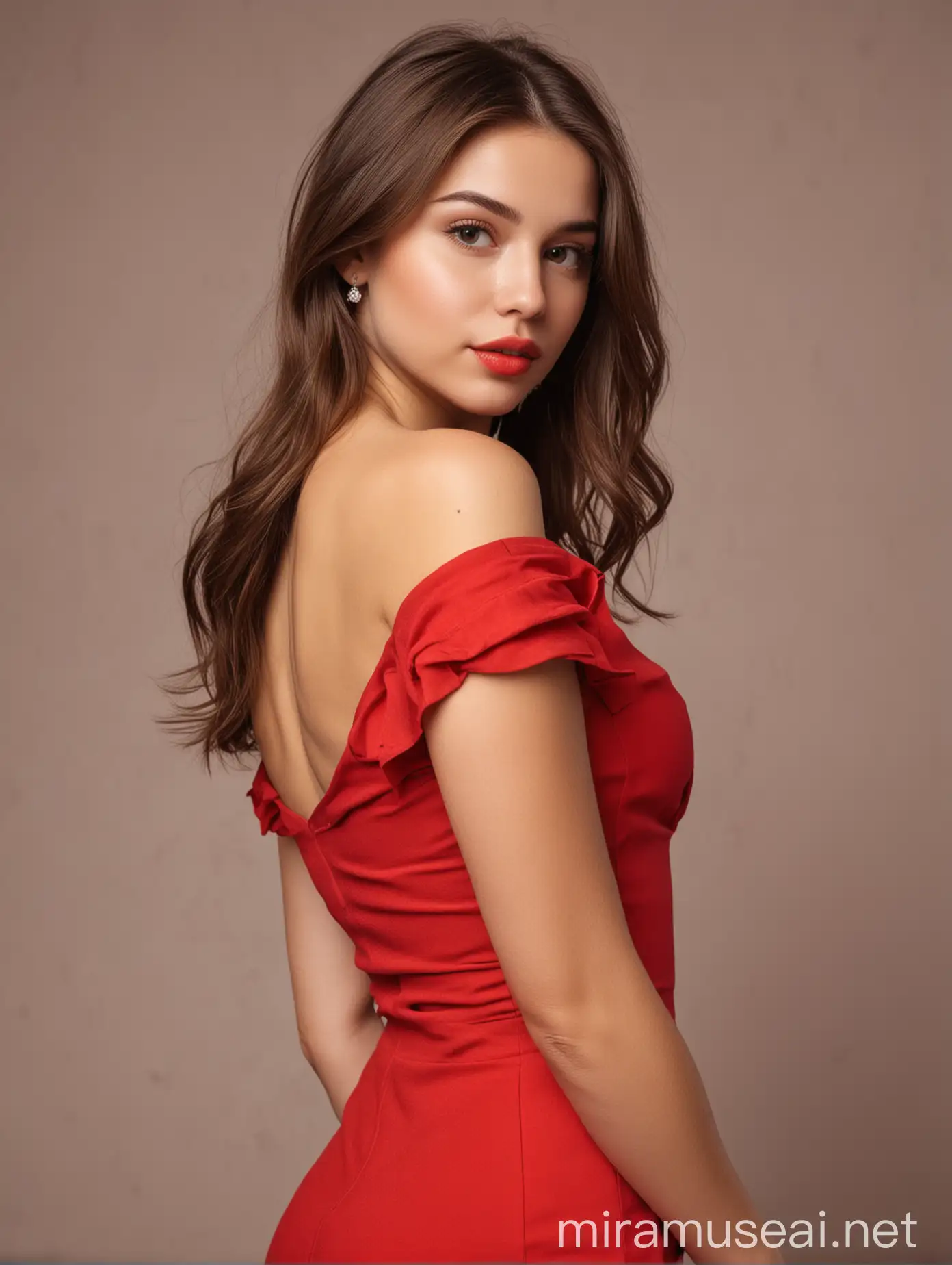 Elegant Woman in Red Dress with Brown Hair and Stunning Curves