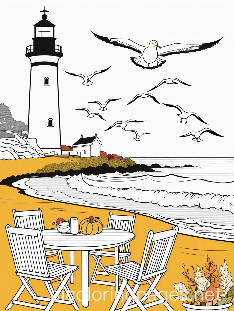 a seagull joining a autumn beachside gathering with a festive table and the lighthouse nearby.

, Coloring Page, black and white, line art, white background, Simplicity, Ample White Space. The background of the coloring page is plain white to make it easy for young children to color within the lines. The outlines of all the subjects are easy to distinguish, making it simple for kids to color without too much difficulty