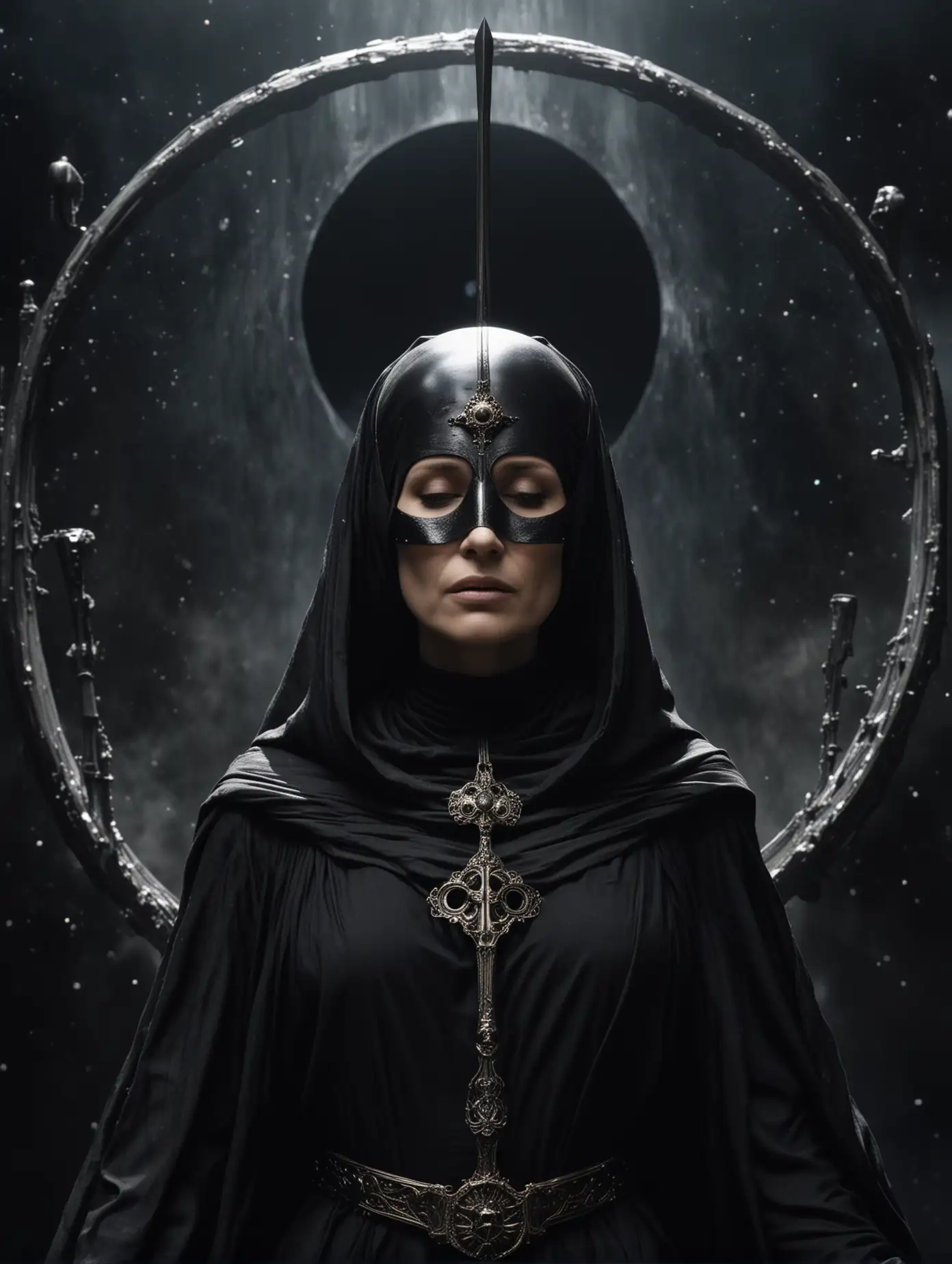 Mystical-Sister-of-the-Bene-Gesserit-Meditates-by-a-Black-Hole-with-CrownDisc-and-Black-Sword