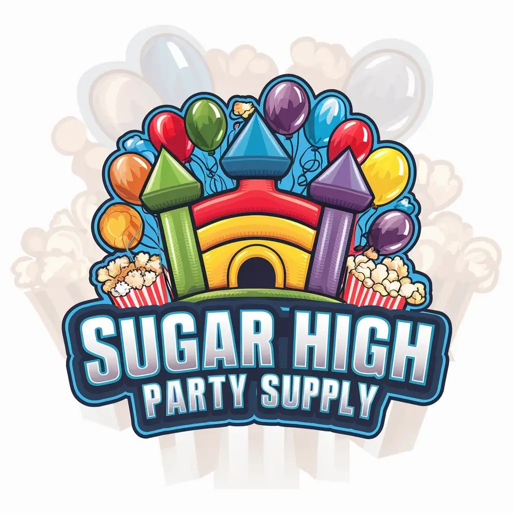 LOGO-Design-For-Sugar-High-Party-Supply-Vibrant-Bouncy-Castle-with-Balloons-and-Popcorn