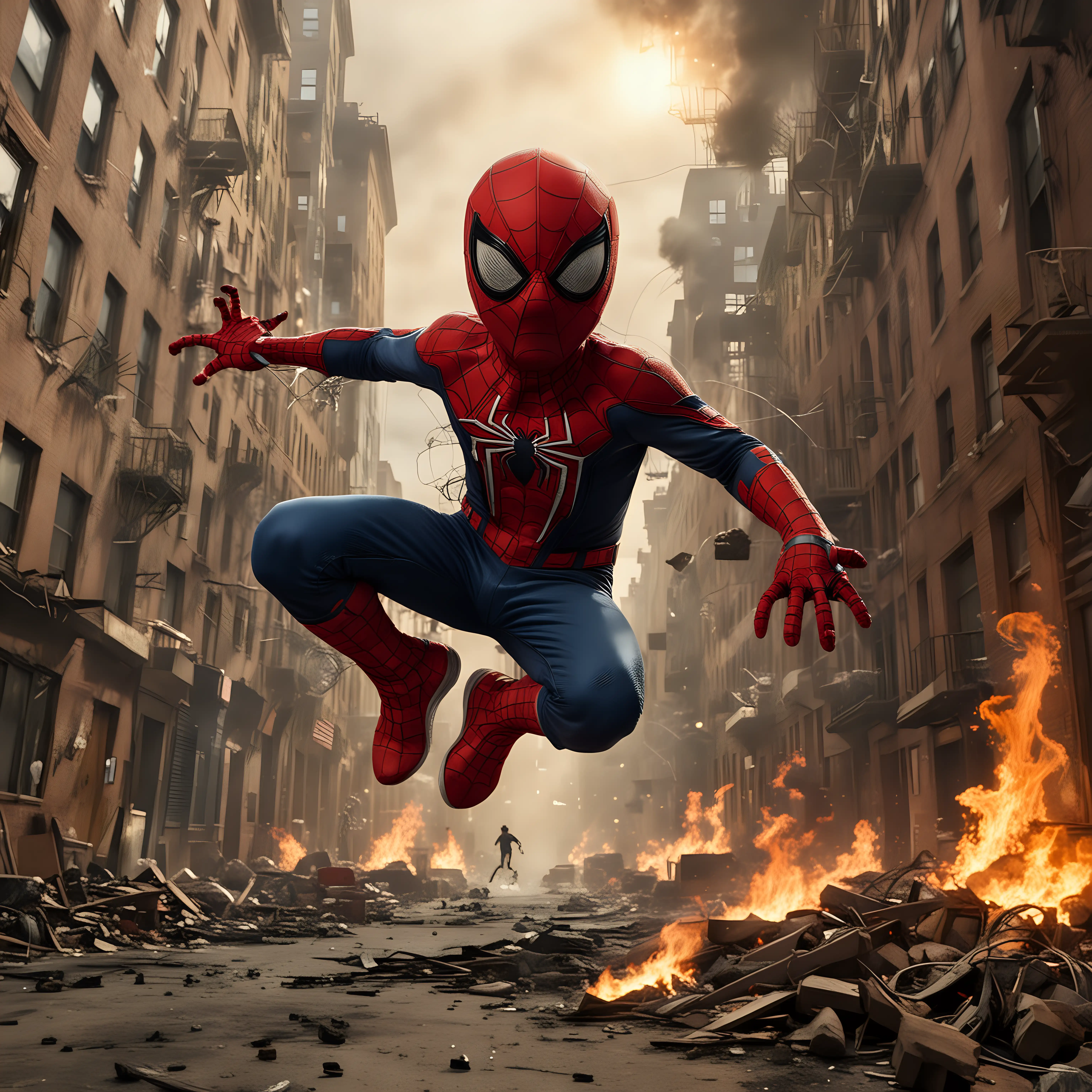 Young Boy in Spiderman Costume Leaping Amidst Urban Inferno