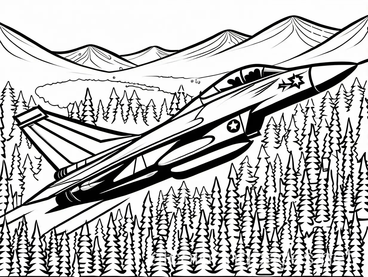 fighter jet in the air above a forrest, Coloring Page, black and white, line art, white background, Simplicity, Ample White Space. The background of the coloring page is plain white to make it easy for young children to color within the lines. The outlines of all the subjects are easy to distinguish, making it simple for kids to color without too much difficulty