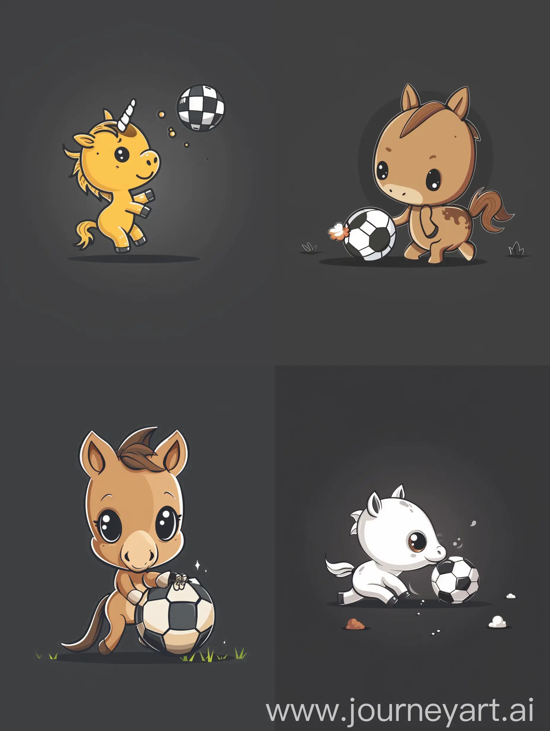 thin line style chibi cute horse playing football, with solid dark grey background, small object and center concentrated image, far view point