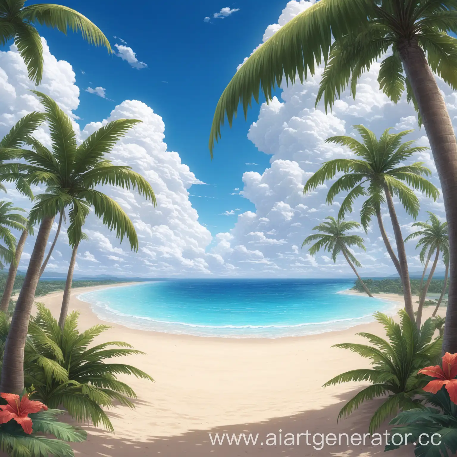 Большой пляж и песок, вид на море, пальмы, облака, по бокам тропические растения