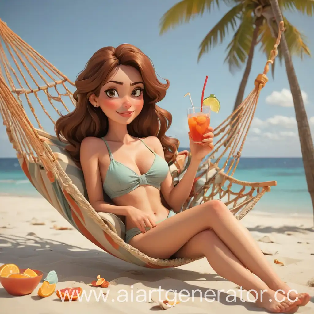 Cartoon-Woman-Relaxing-on-Beach-Hammock-with-Cocktail