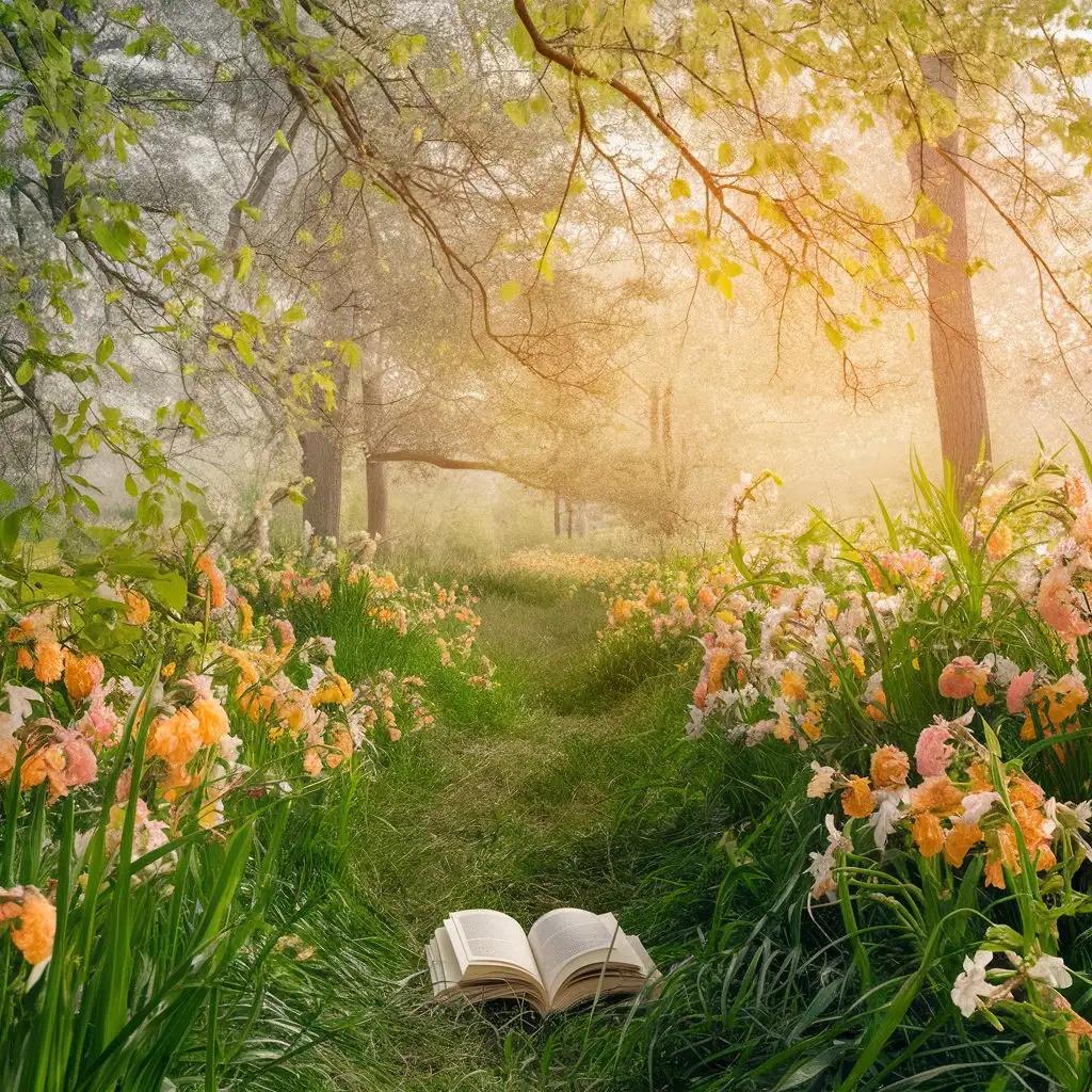 Real, beautiful spring photo of a quiet, wide clearing. The clearing is covered with soft, green grass and beautiful field, May flowers, ideal for placing a book on it. The beech tree background adds depth to the composition, creating a picturesque, natural landscape that is perfect for creating a realistic photo in Canva.
