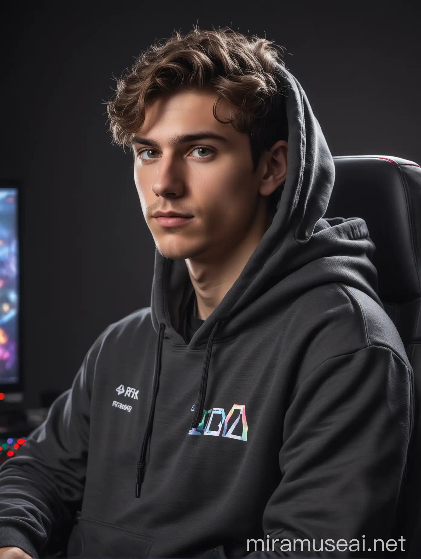 Seorang pria muda berambut agak berombak,mengenakan hoody gaming, duduk di kursi gaming, latar belakang PC gaming RGB, fotography, ultra detail,8k