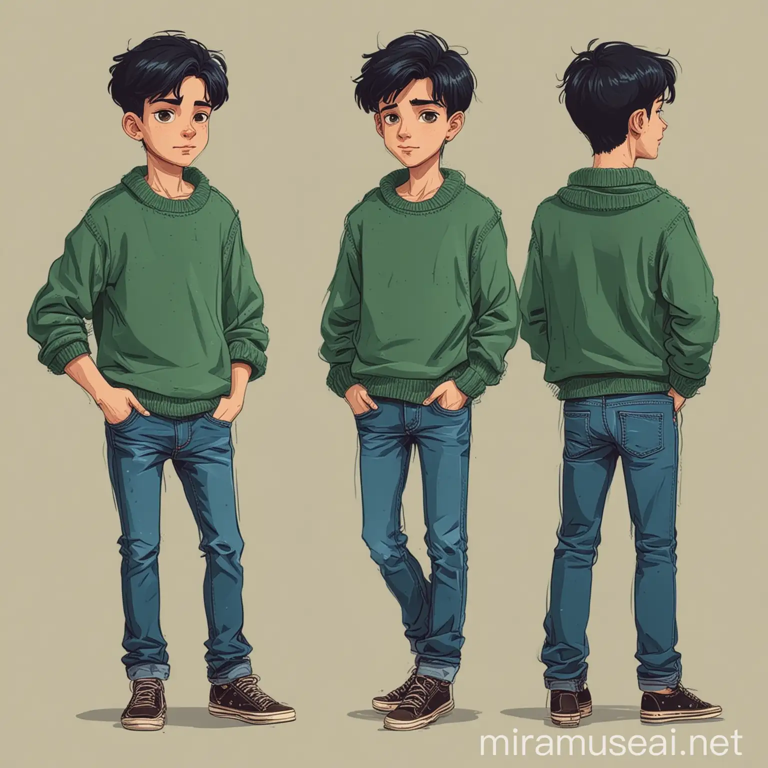 нарисуй персонажа мальчика в зелёном свитере и с чёрныме волосами и в синем джинсах в векторном плоском стиле.