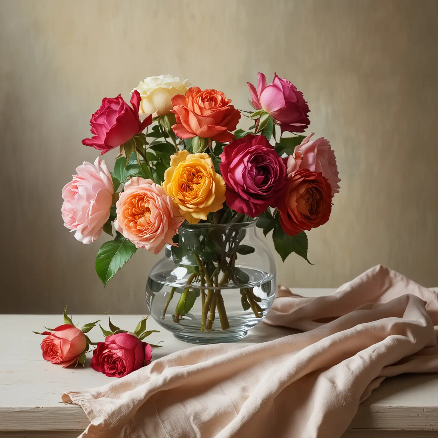 Colorful American Rose Bouquet in Glass Vase with Tablecloth