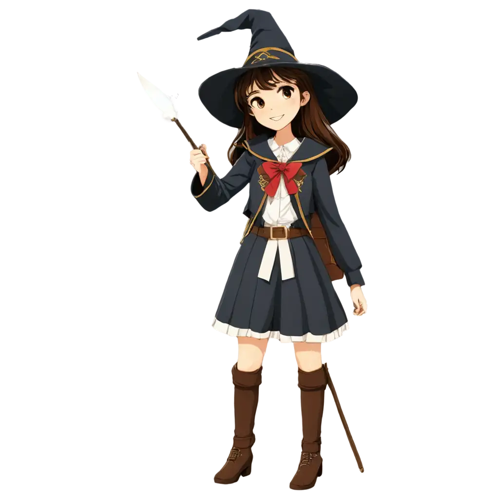 One magic academy student, female, medieval, ghibli style, using sorcerer hat, old fashion