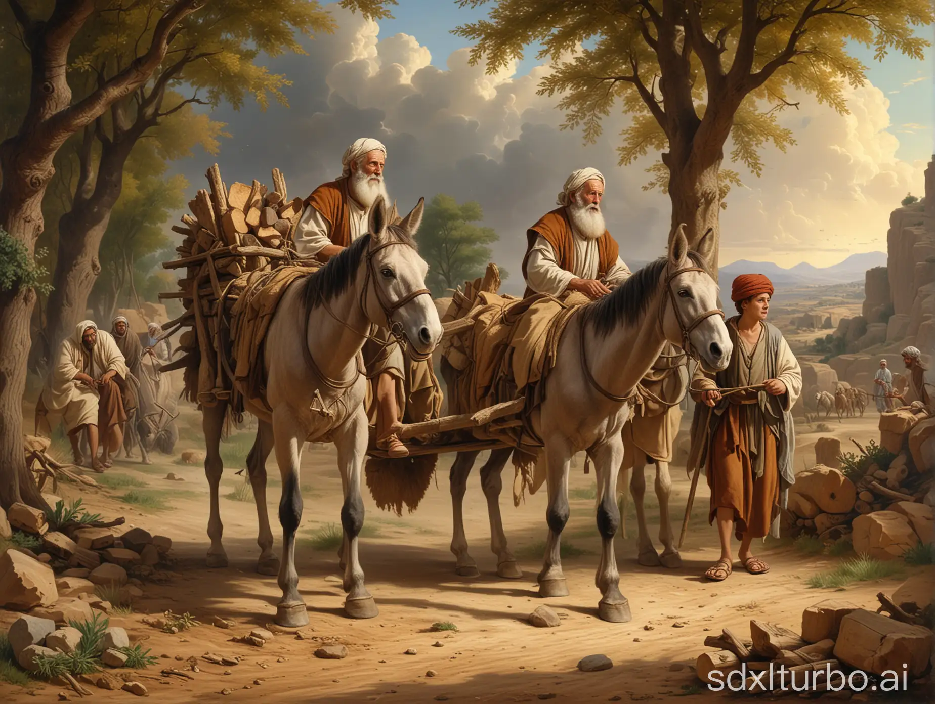 a biblical scene, the story of Abraham and Isaac. The old man in front with a staff, accompanied by the boy on a donkey and two other figures carrying firewood,