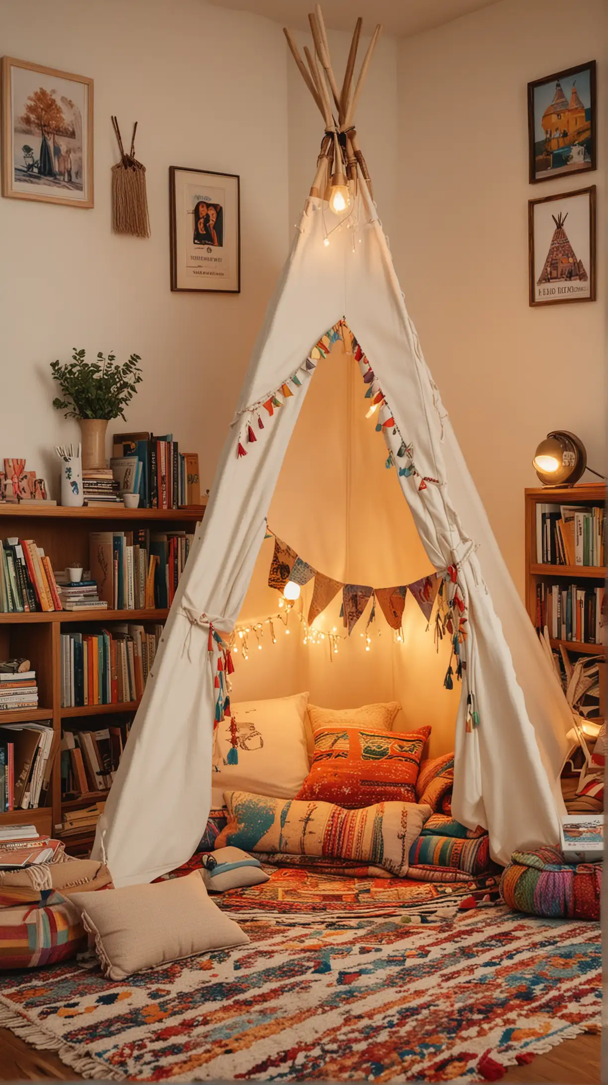 Colorful teepee tent in a cozy living room corner, adorned with cushions and a small rug inside, children's books scattered around, warm lighting.