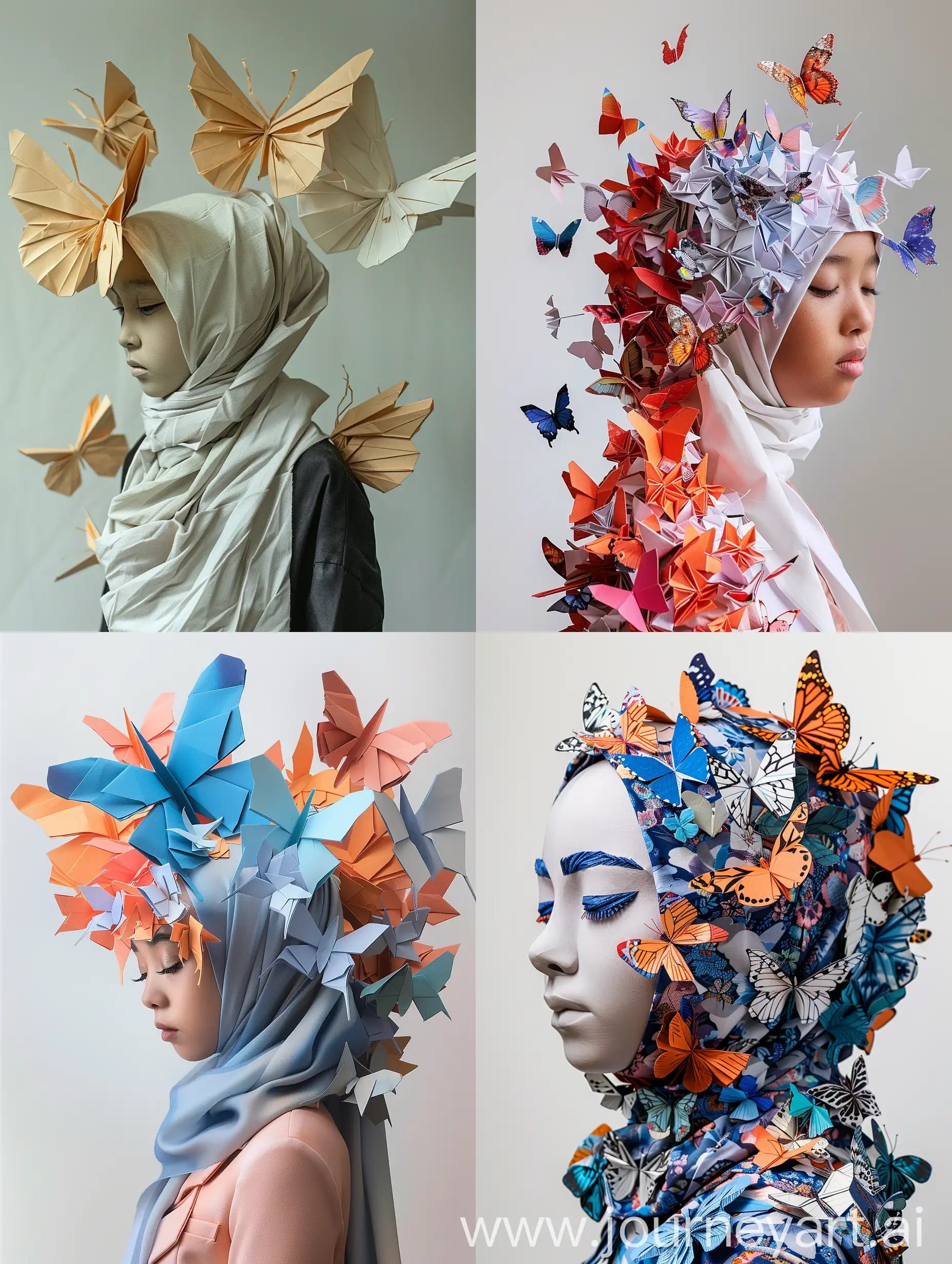 This series, "Girl hijab and Butterfly," showcases the dreamlike interplay between girls and butterflies through origami sculptures, conveying symbols of innocence, transformation, and beauty.

Butterflies represent rebirth and the transcendence of the soul, girls symbolize purity and hope, while paper signifies the continuation of knowledge, art, and culture. Through exquisite origami techniques, the artist merges these elements to create serene and poetic scenes, evoking a deep contemplation of the fragility and beauty of life in the viewer.