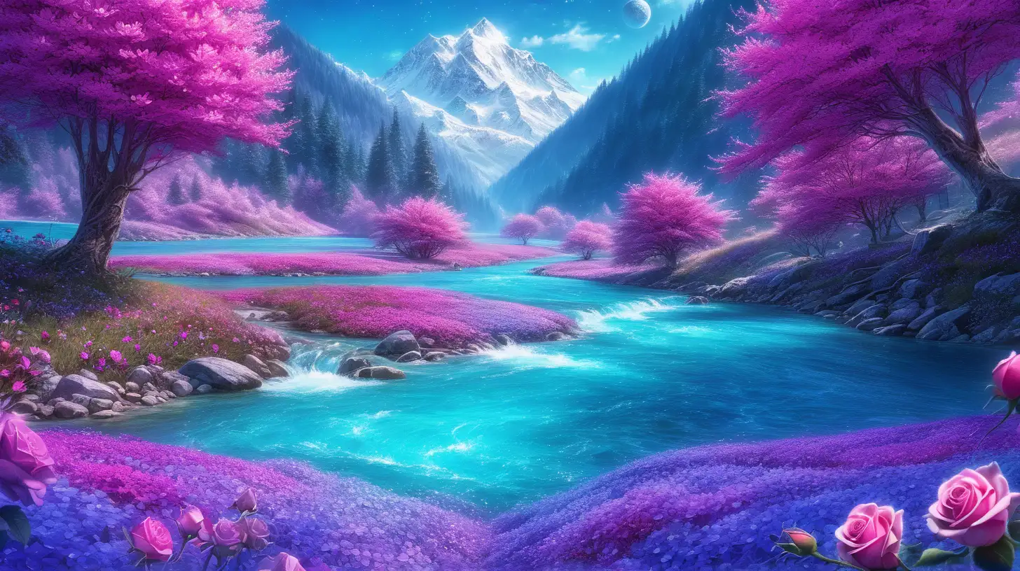 Enchanting Floral Wonderland Vibrant Flowers and Roses Along a BrightBlue Mountain River