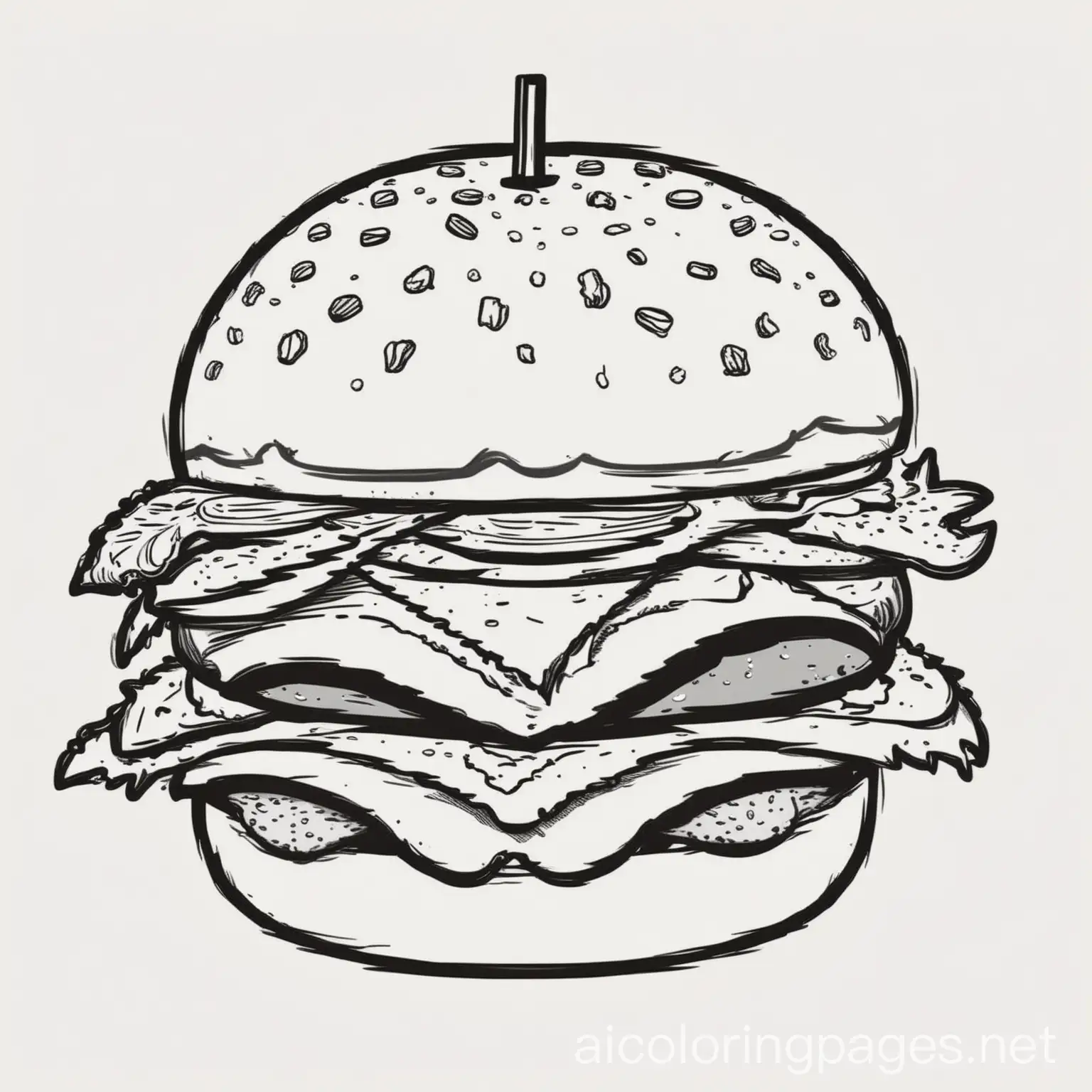 a cute nd simple burger for a cute coloring book for kids, Coloring Page, black and white, line art, white background, Simplicity, Ample White Space. The background of the coloring page is plain white to make it easy for young children to color within the lines. The outlines of all the subjects are easy to distinguish, making it simple for kids to color without too much difficulty